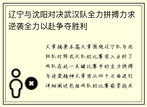 辽宁与沈阳对决武汉队全力拼搏力求逆袭全力以赴争夺胜利