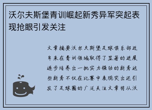 沃尔夫斯堡青训崛起新秀异军突起表现抢眼引发关注