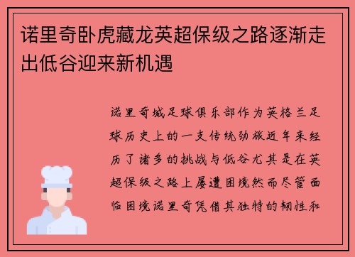 诺里奇卧虎藏龙英超保级之路逐渐走出低谷迎来新机遇